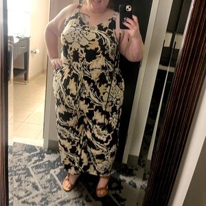 Lane Bryant Black and Cream Floral Drawstring- waist jersey jumpsuit